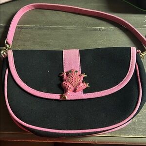 Buzz by June Fox - Black and Pink Canvas Handbag with Frog Accent